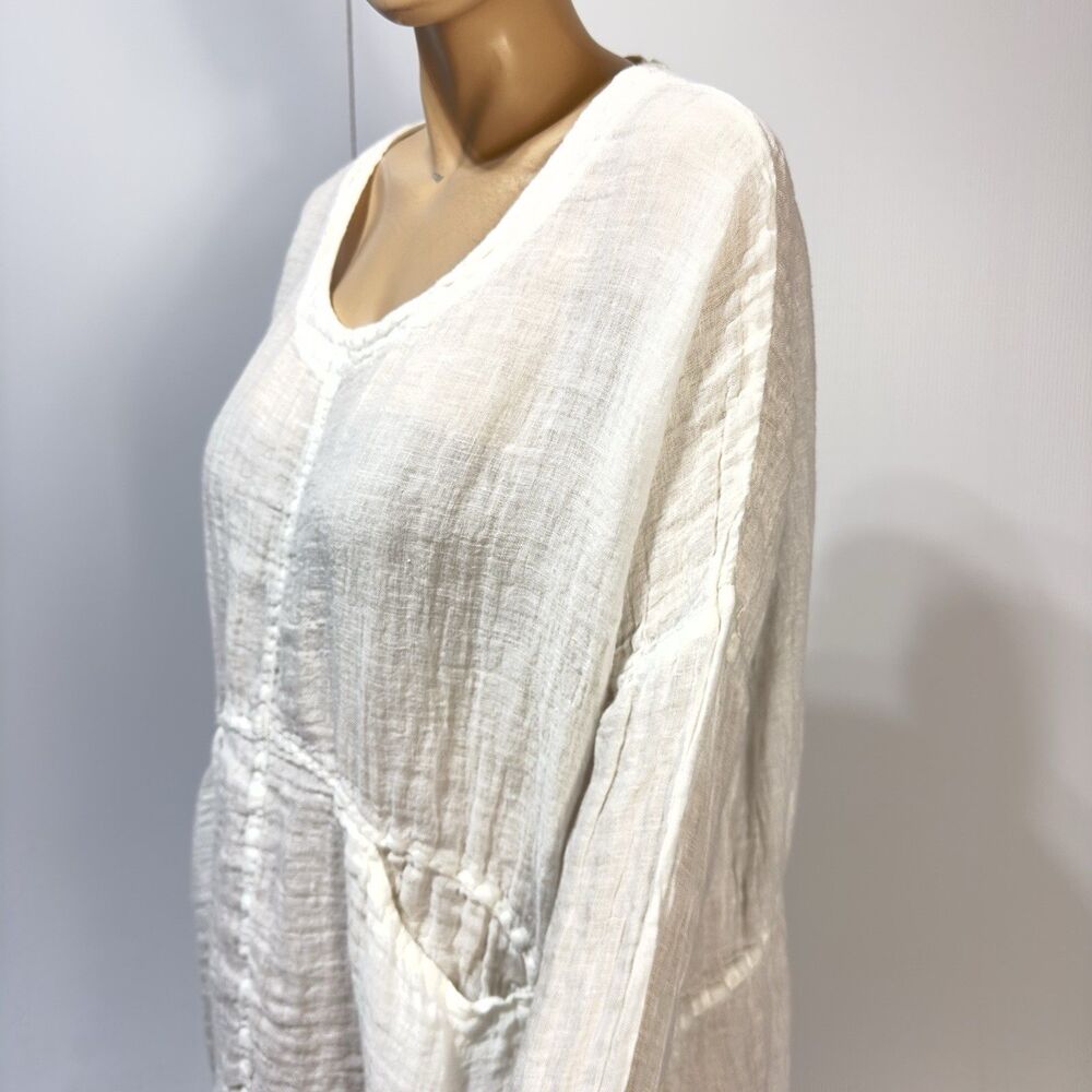 Ella Moda White Linen Tunic Gauze Long Sleeve Size S M Gauzy Pullover Pockets - Picture 2 of 8